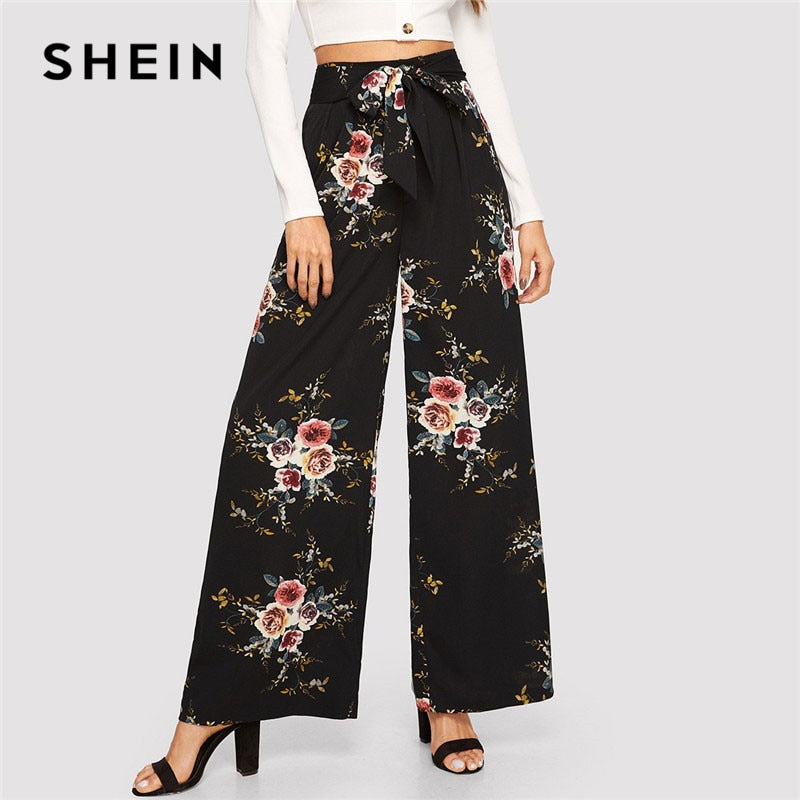 SHEIN Floral Print Belted Palazzo pants