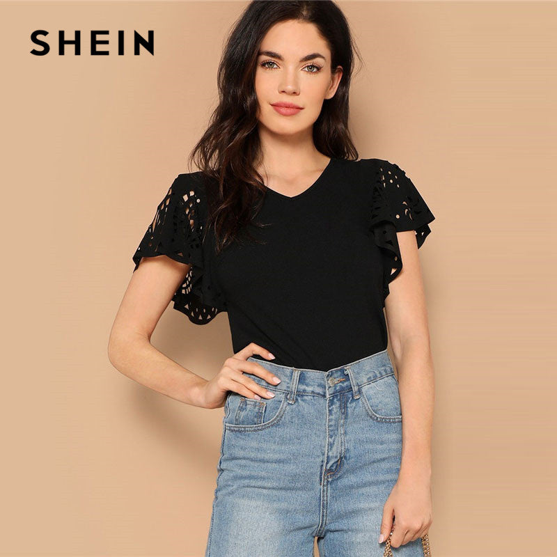 Flutter Sleeve V Neck Tshirt Tops