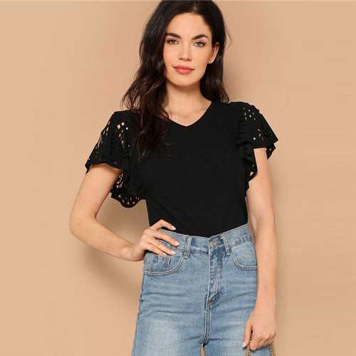 Flutter Sleeve V Neck Tshirt Tops